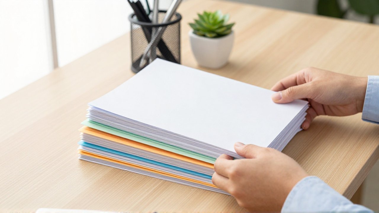 Manos organizando documentos en carpetas de colores sobre un escritorio de madera ordenado.