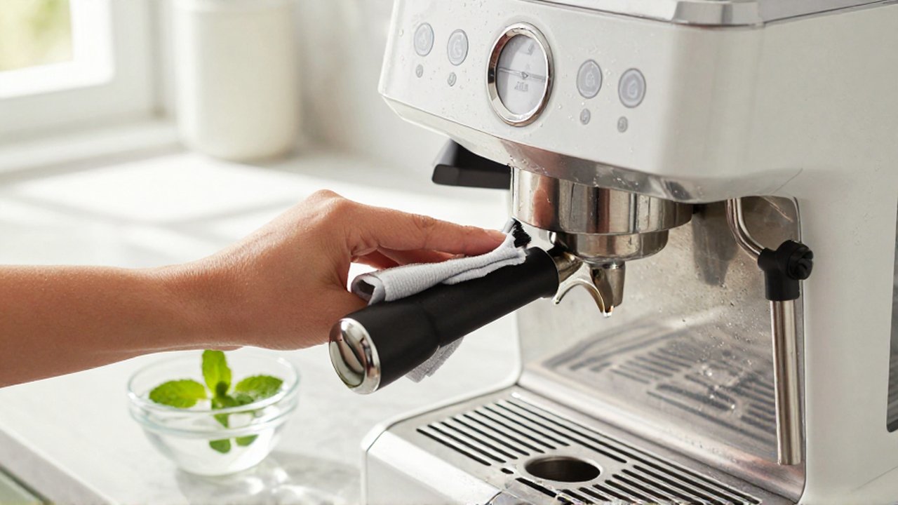 Manos limpiando con detalle una cafetera exprés de metal sobre una encimera de mármol.