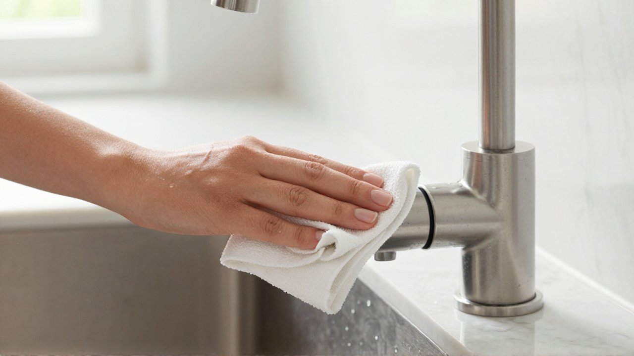 Una mano limpia un grifo de acero inoxidable con un paño en una cocina moderna.