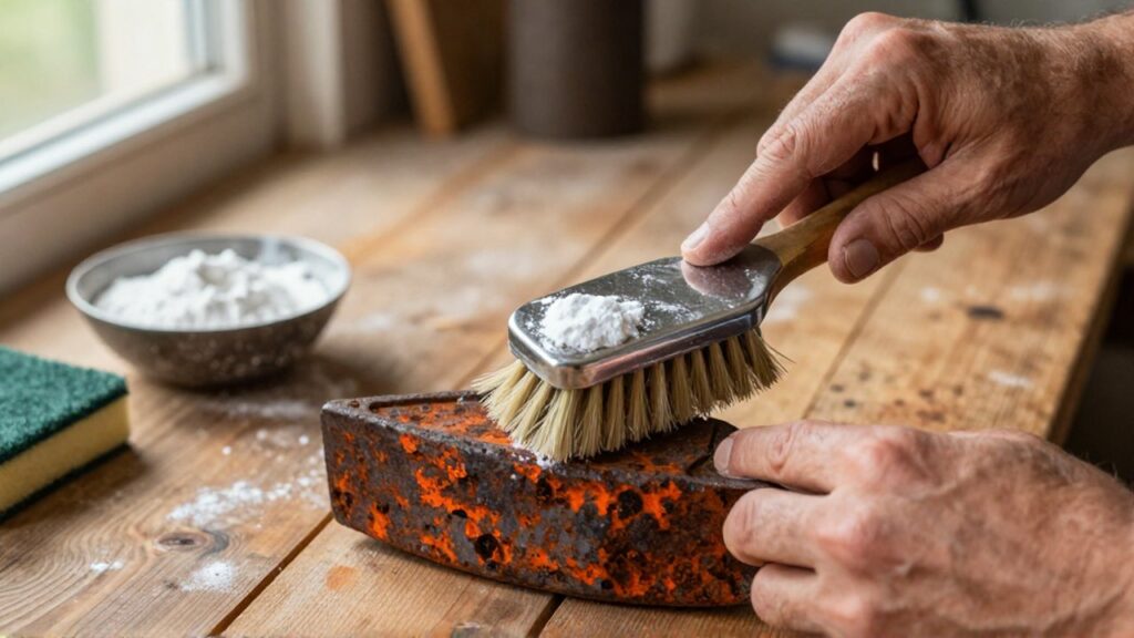 Manos desgastadas frotan con un cepillo y bicarbonato una herramienta de hierro oxidada sobre madera.