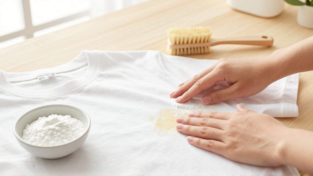 Manos aplicando una pasta de bicarbonato sobre una mancha amarillenta en una camiseta blanca.