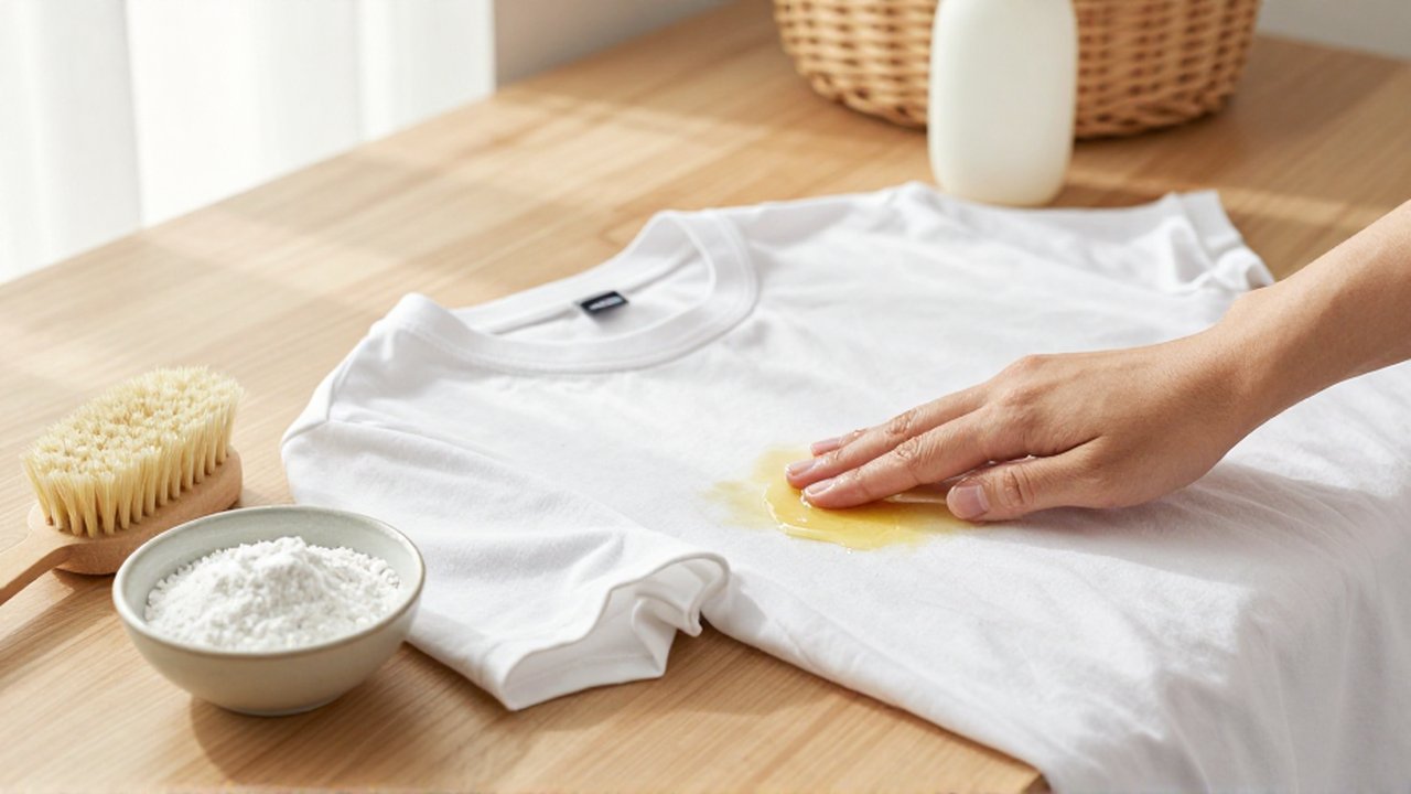 Manos aplicando una pasta de limpieza sobre una mancha en una camiseta blanca sobre madera.