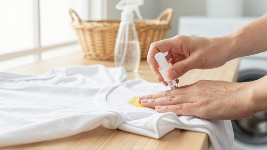 Manos aplicando una solución de limpieza sobre una mancha amarillenta en una camiseta blanca.
