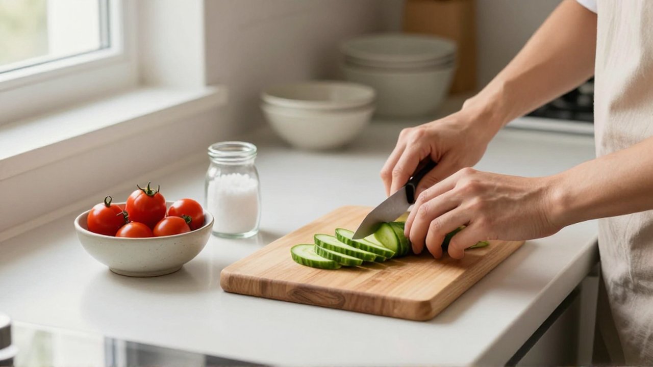 Unas manos cortan vegetales verdes sobre una tabla de madera en una cocina luminosa y organizada.