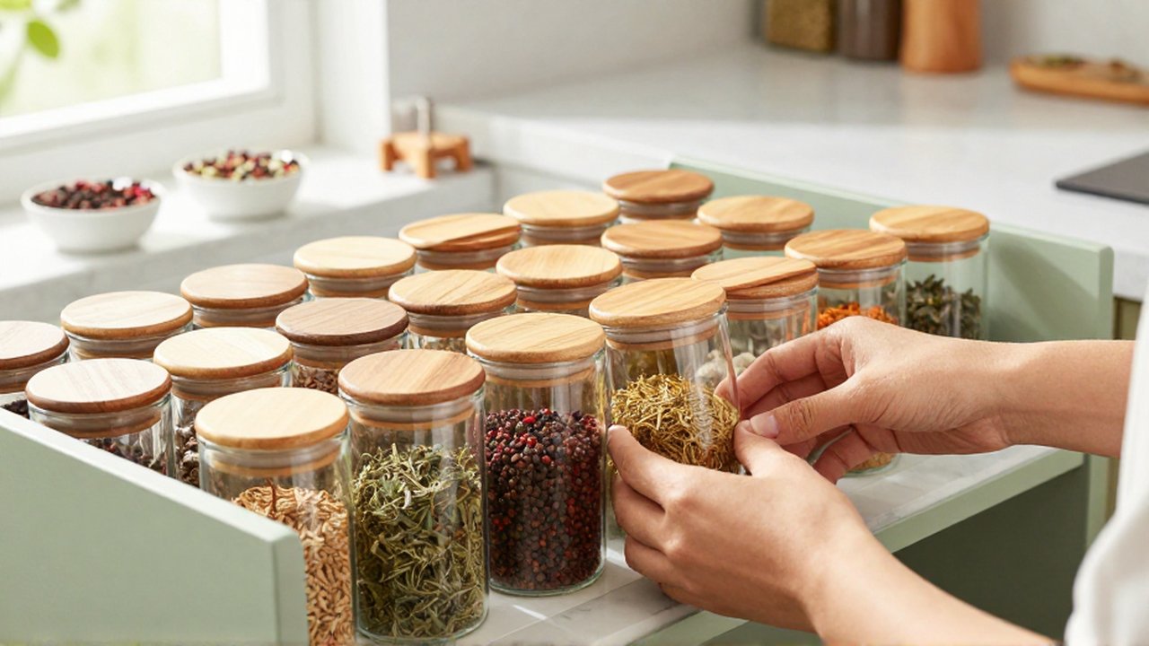 Unas manos organizan meticulosamente frascos de especias de vidrio sobre un estante de cocina luminoso.